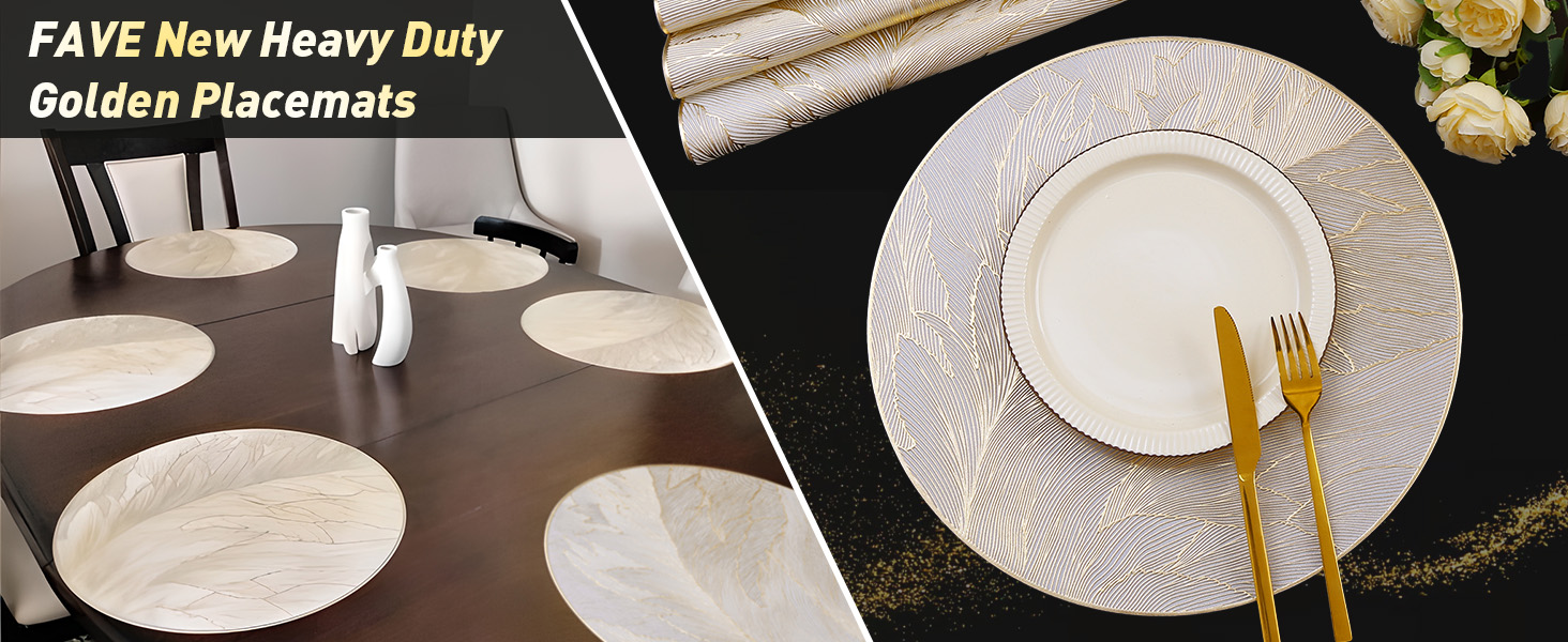 FAVE 6PCS Floral Round Placemats Golden Placemats Vinyl Placemats Set of 6 for Dining Table Reusable Metallic Shiny Gold Placemats for Wedding, Banquet, Birthday, Party, Restaurant （15 x15,Gold）
