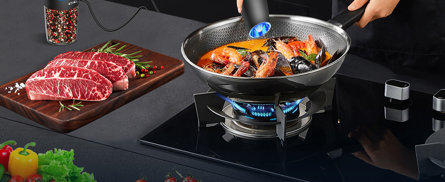 Rechargeable Pepper and Salt Grinder Set, whit Gravity Sensing Switch and LED Light, One Hand Automatic Operation -Black/2 Pack