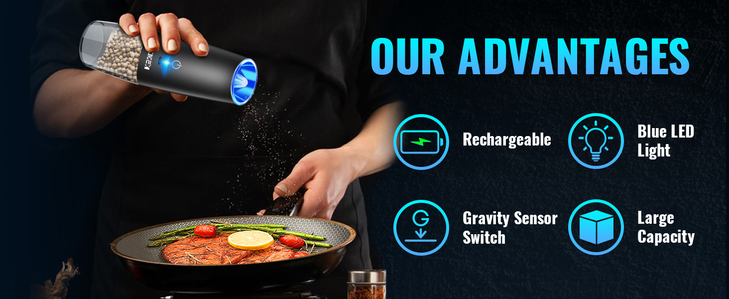 Rechargeable Pepper and Salt Grinder Set, whit Gravity Sensing Switch and LED Light, One Hand Automatic Operation -Black/2 Pack