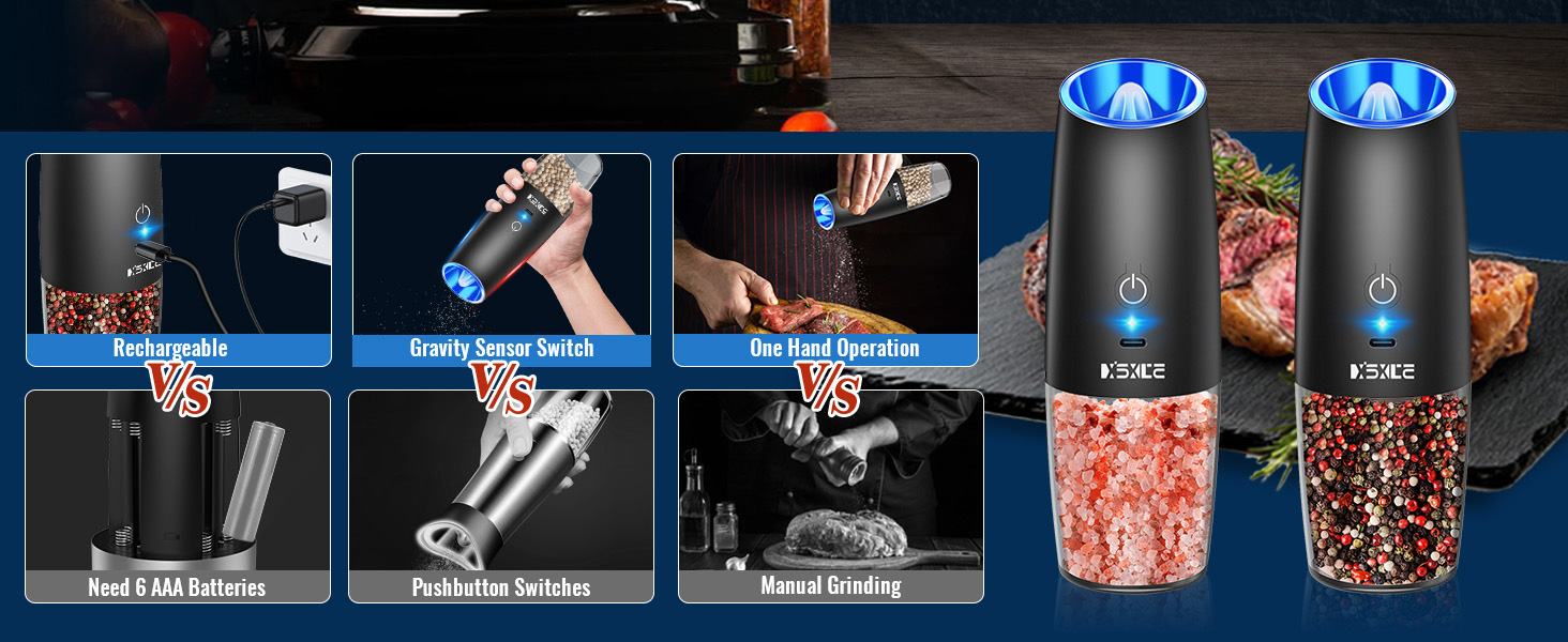 Rechargeable Pepper and Salt Grinder Set, whit Gravity Sensing Switch and LED Light, One Hand Automatic Operation -Black/2 Pack