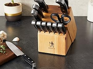 HENCKELS Premium Quality Statement 15-Piece Knife Set with Block and Knife Sharpener, Razor-Sharp, German Engineered Knife Informed by over 100 Years of Masterful Knife Making, Black Block