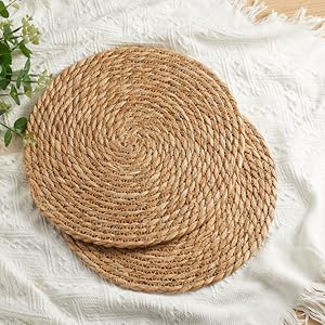 Round Woven Placemats 12 inch Set of 10 - Boho Rattan Placemats Natural Water Hyacinth Placemat, Farmhouse Weave Place Mats, Rustic Braided Wicker Table Mats for Dining Table,Home,Wedding