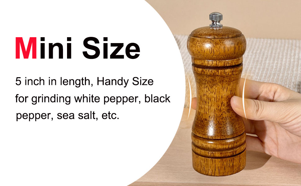 Pepper Grinder Salt Grinder Wooden Pepper Mill Grinder w/Adjustable Coarse, 5 inch Tall Wood Refillable Manual Pepper Grinder Mill Peppermill for Black Peppercorn, Easy Clean