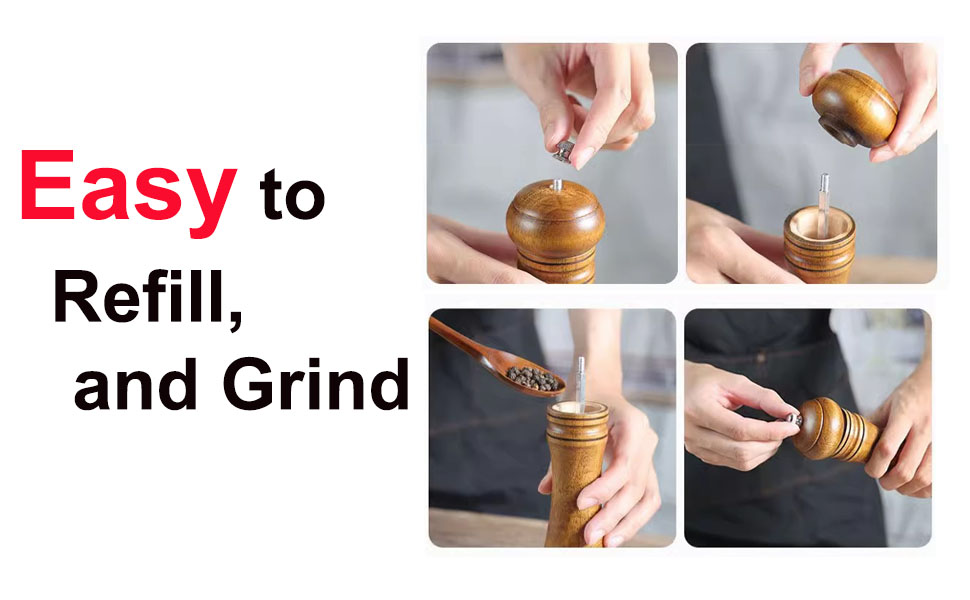 Pepper Grinder Salt Grinder Wooden Pepper Mill Grinder w/Adjustable Coarse, 5 inch Tall Wood Refillable Manual Pepper Grinder Mill Peppermill for Black Peppercorn, Easy Clean