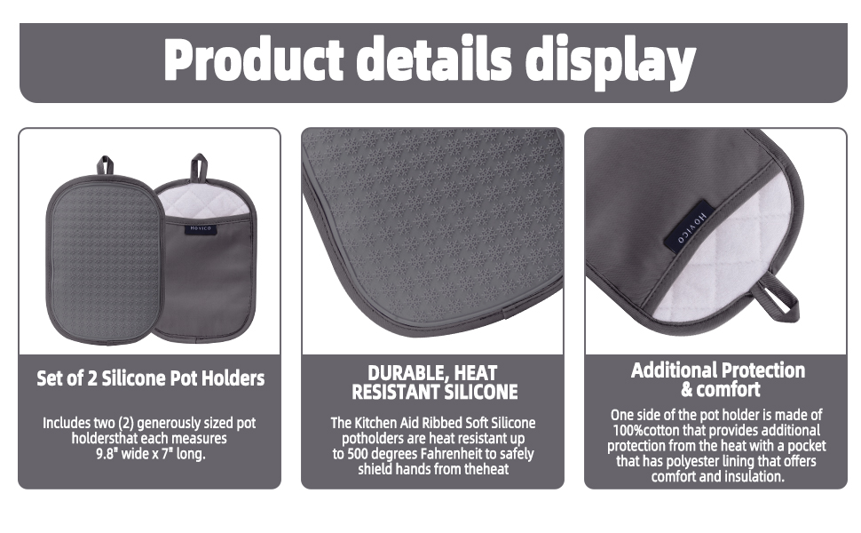 Hovico 2PCS Silicone Pot Holders, Oven Mitts Heat Resistant Hot Pads with Pockets, Non Slip Pot Holder for Kitchen Baking and Cooking| 9.8 x 7 Inches | Towel Cloth Interior Lining - Gray