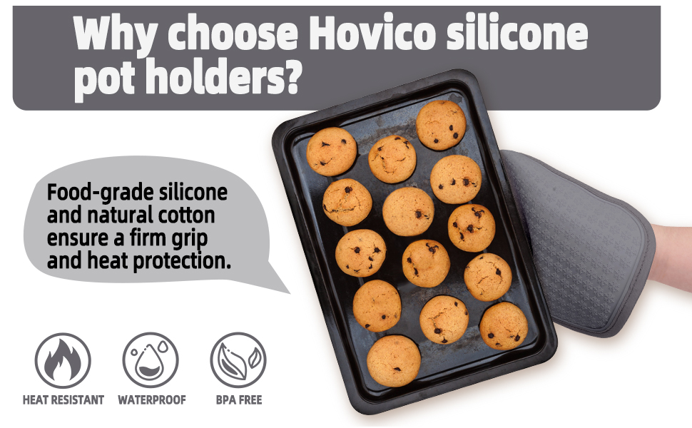 Hovico 2PCS Silicone Pot Holders, Oven Mitts Heat Resistant Hot Pads with Pockets, Non Slip Pot Holder for Kitchen Baking and Cooking| 9.8 x 7 Inches | Towel Cloth Interior Lining - Gray