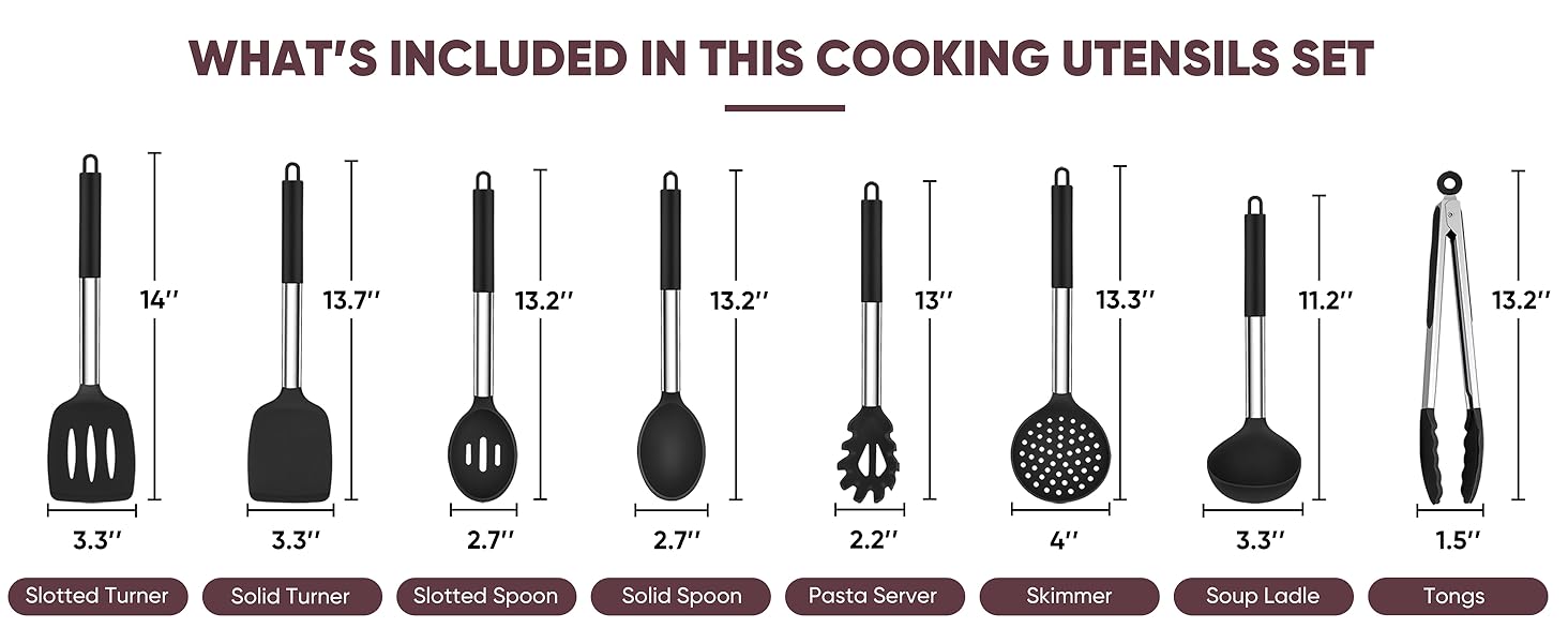 TeamFar Kitchen Utensils Set of 8, Silicone Utensils Kitchen Tools Set with Stainless Steel Handle, for Frying Serving Flipping Draining, Non-toxic & Heatproof, Nonstick & Dishwasher Safe - Black