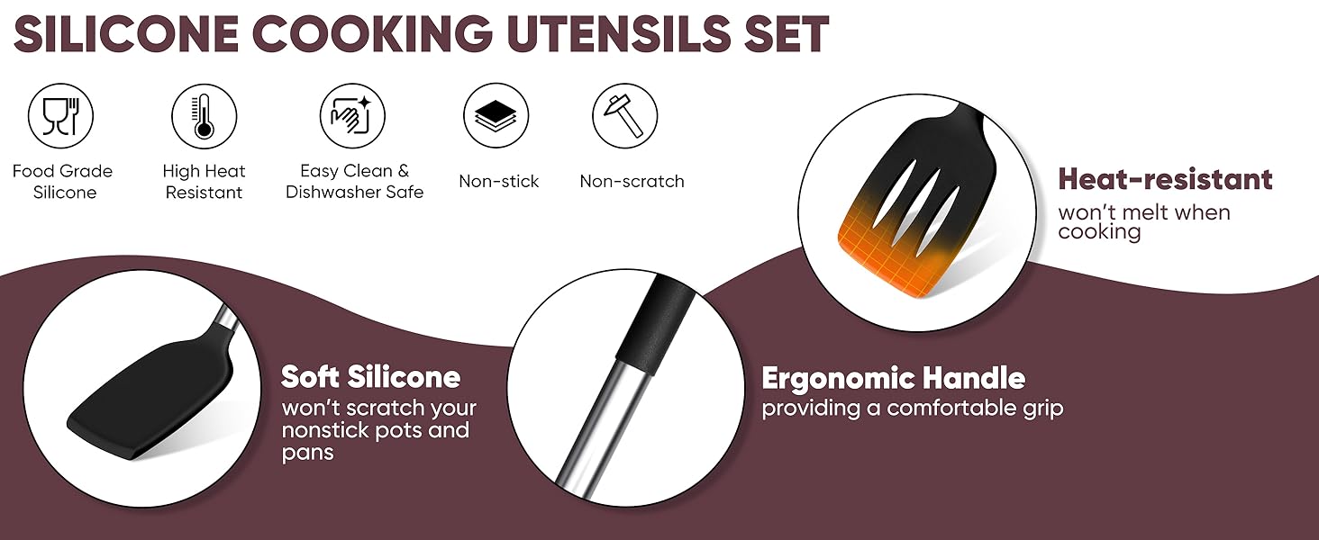 TeamFar Kitchen Utensils Set of 8, Silicone Utensils Kitchen Tools Set with Stainless Steel Handle, for Frying Serving Flipping Draining, Non-toxic & Heatproof, Nonstick & Dishwasher Safe - Black