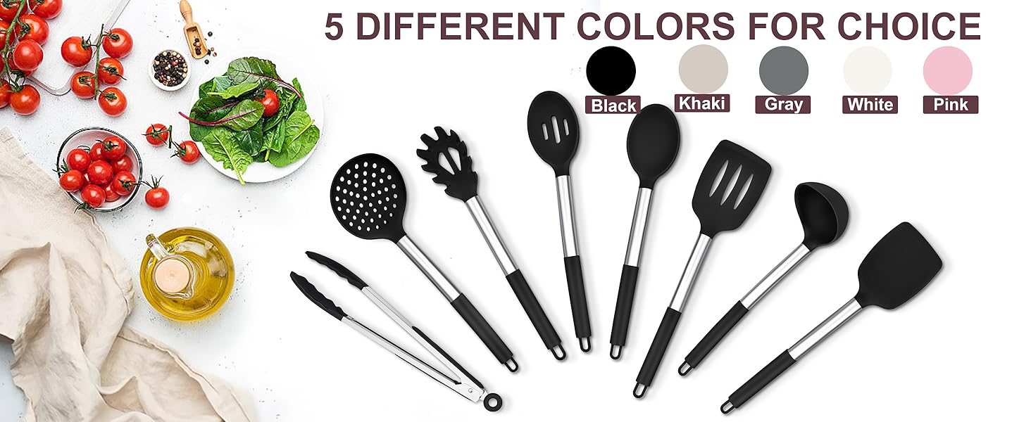 TeamFar Kitchen Utensils Set of 8, Silicone Utensils Kitchen Tools Set with Stainless Steel Handle, for Frying Serving Flipping Draining, Non-toxic & Heatproof, Nonstick & Dishwasher Safe - Black