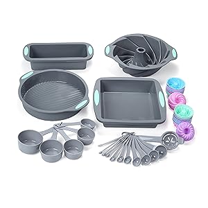 To encounter 45 Pieces Silicone Bakeware Set, Heat Resistant Baking Pans, Nonstick Baking Molds for Cake, Bread and Cupcake, with Measuring Cups and Spoons Set, Light Grey