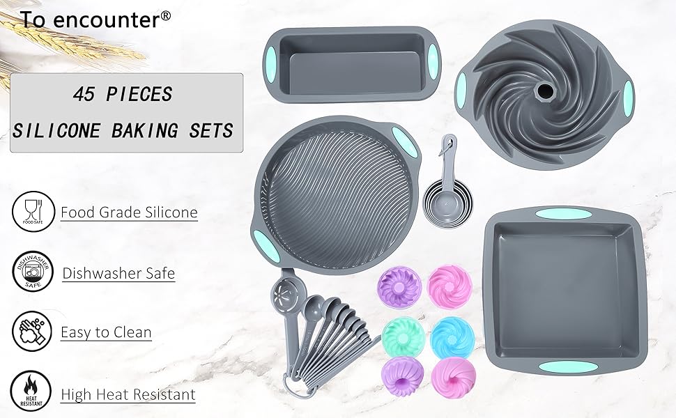 To encounter 45 Pieces Silicone Bakeware Set, Heat Resistant Baking Pans, Nonstick Baking Molds for Cake, Bread and Cupcake, with Measuring Cups and Spoons Set, Light Grey