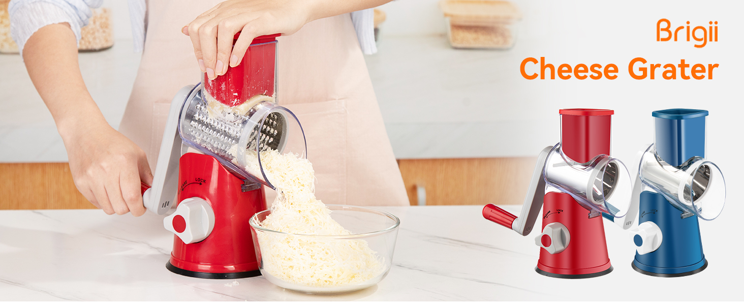 Brigii Rotary Cheese Grater Hand Crank, Cheese Shredder with 3 Drum Blades, Mandoline Slicer, Food Chopper for Hard Cheese, Vegetable, Nuts, Potato