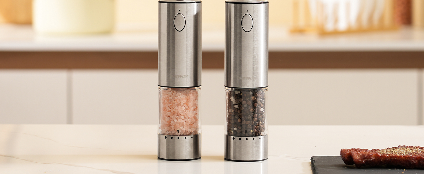 Electric Salt and Pepper Grinder Set - Birthday Kitchen Gifts for Women, Mom, Rechargeable with LED Lights, Stainless Steel Automatic Mill, Adjustable Coarseness, Large Capacity, Silver