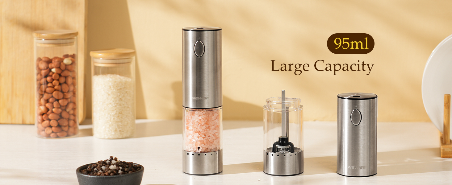 Electric Salt and Pepper Grinder Set - Birthday Kitchen Gifts for Women, Mom, Rechargeable with LED Lights, Stainless Steel Automatic Mill, Adjustable Coarseness, Large Capacity, Silver
