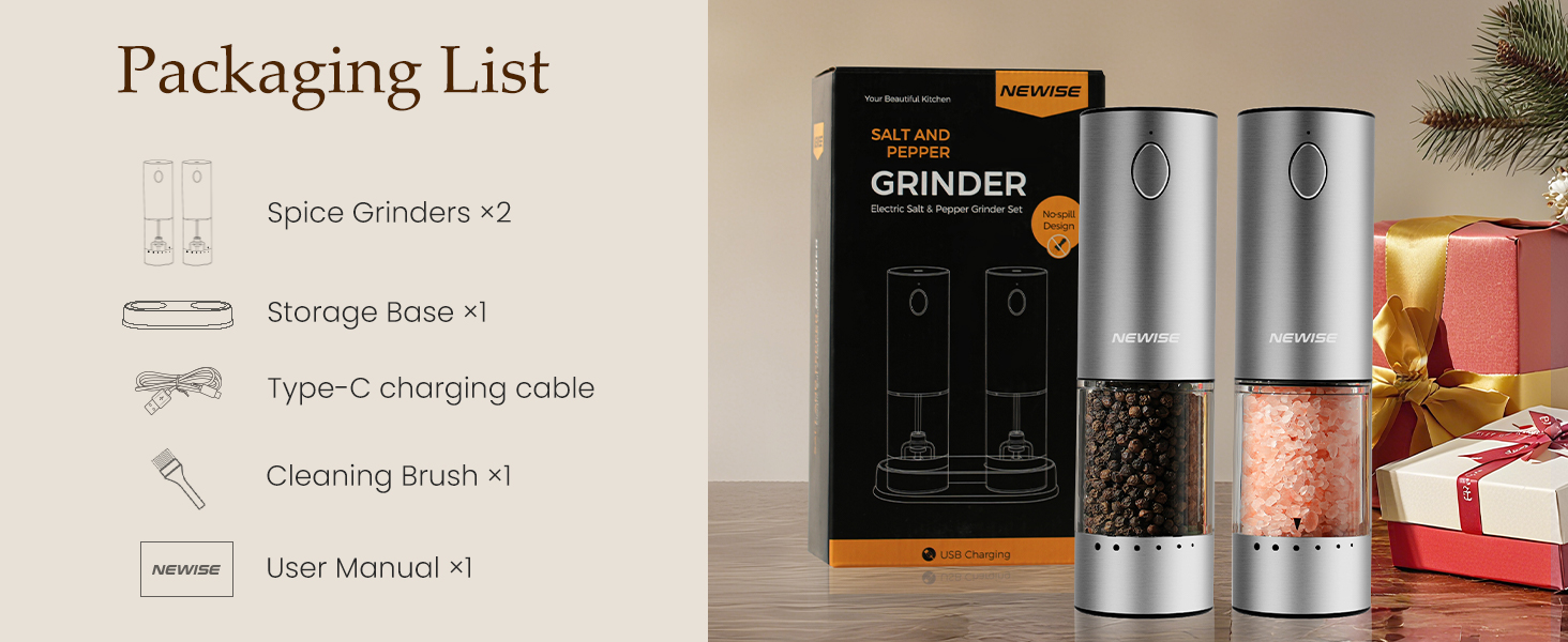 Electric Salt and Pepper Grinder Set - Birthday Kitchen Gifts for Women, Mom, Rechargeable with LED Lights, Stainless Steel Automatic Mill, Adjustable Coarseness, Large Capacity, Silver