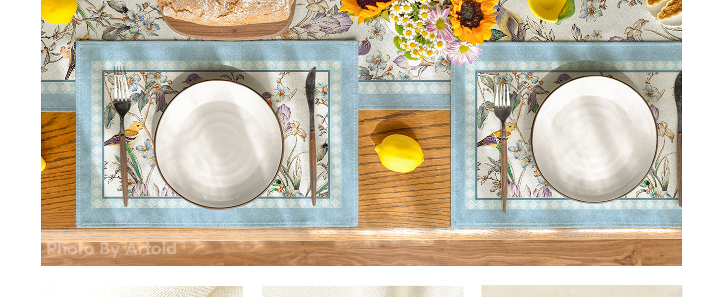 Artoid Mode Blue Birds Flowers Blossom Placemats Set of 4, 12x18 Inch Table Mats for Table Runner Party Kitchen Dining Decoration
