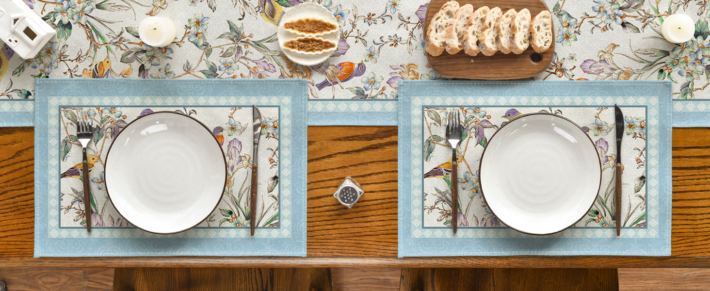 Artoid Mode Blue Birds Flowers Blossom Placemats Set of 4, 12x18 Inch Table Mats for Table Runner Party Kitchen Dining Decoration