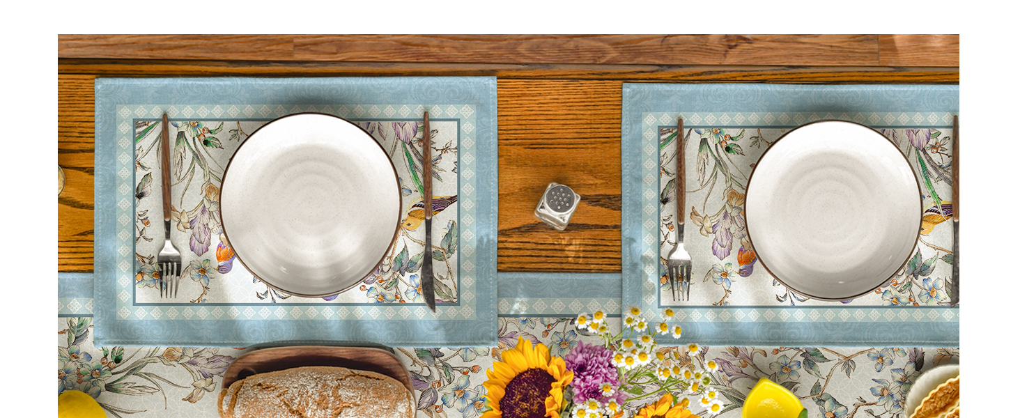Artoid Mode Blue Birds Flowers Blossom Placemats Set of 4, 12x18 Inch Table Mats for Table Runner Party Kitchen Dining Decoration