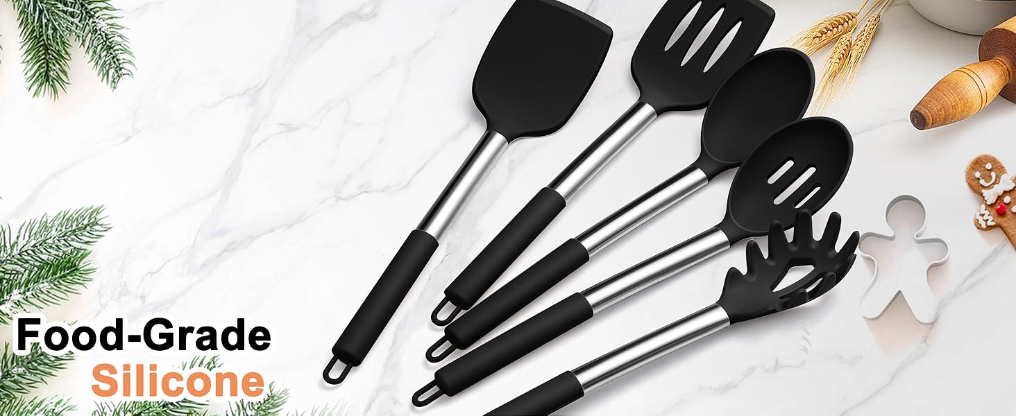 TeamFar Cooking Utensils Set, 5 PCS Silicone Kitchen Utensils with Stainless Steel Handle, for Nonstick Cookware Flipping Frying Turning Draining, Heatproof & Healthy, Nonstick & Easy Clean, Black