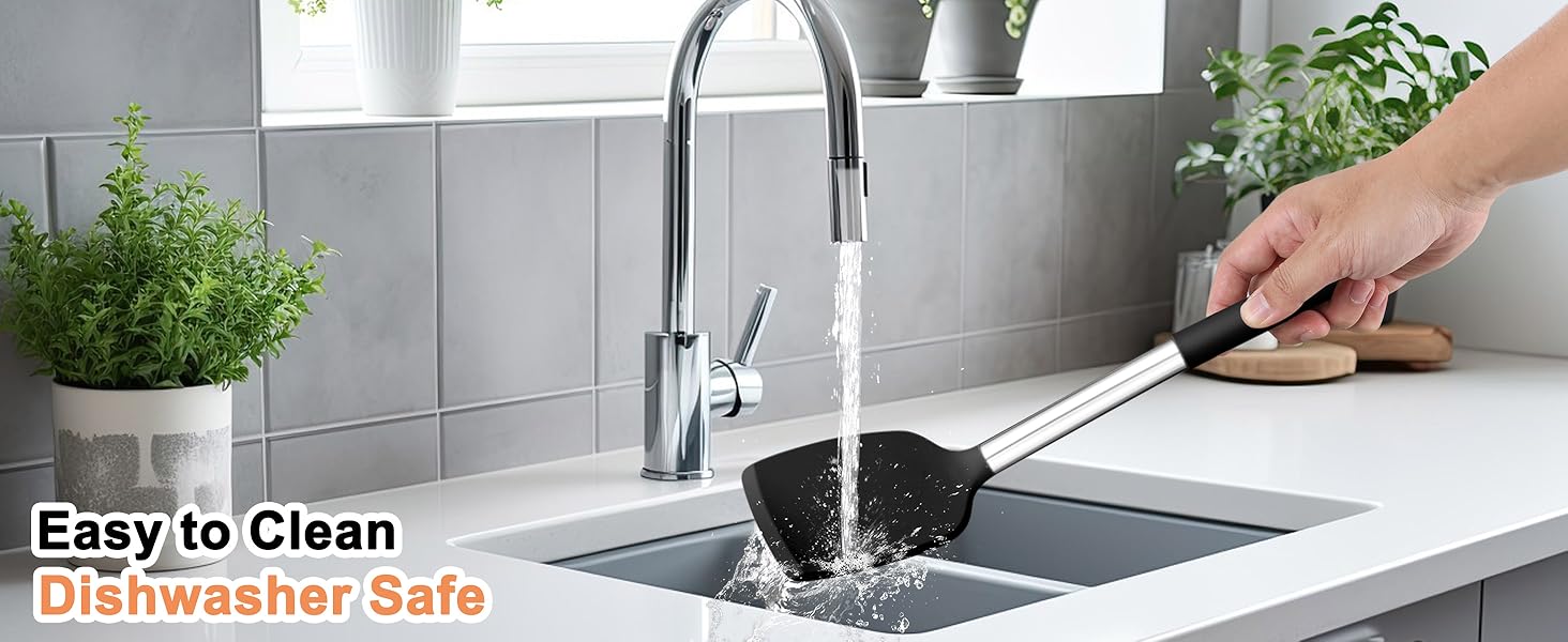 TeamFar Cooking Utensils Set, 5 PCS Silicone Kitchen Utensils with Stainless Steel Handle, for Nonstick Cookware Flipping Frying Turning Draining, Heatproof & Healthy, Nonstick & Easy Clean, Black