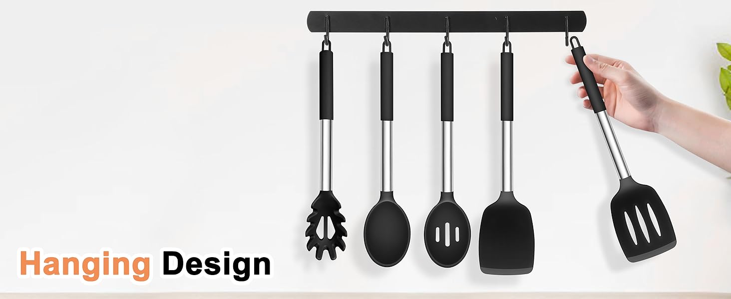 TeamFar Cooking Utensils Set, 5 PCS Silicone Kitchen Utensils with Stainless Steel Handle, for Nonstick Cookware Flipping Frying Turning Draining, Heatproof & Healthy, Nonstick & Easy Clean, Black