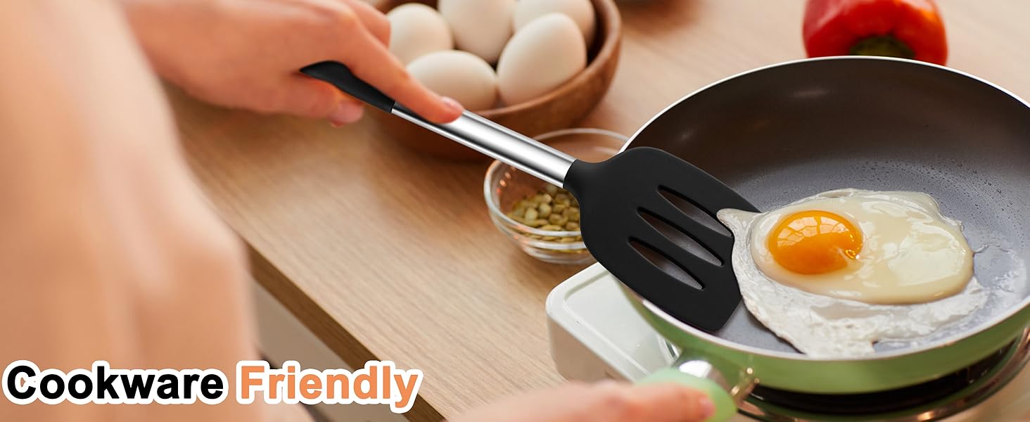 TeamFar Cooking Utensils Set, 5 PCS Silicone Kitchen Utensils with Stainless Steel Handle, for Nonstick Cookware Flipping Frying Turning Draining, Heatproof & Healthy, Nonstick & Easy Clean, Black