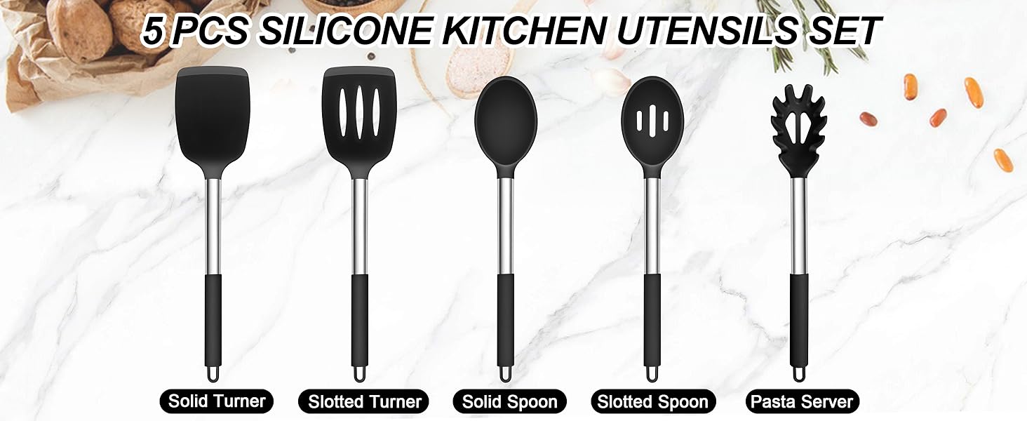 TeamFar Cooking Utensils Set, 5 PCS Silicone Kitchen Utensils with Stainless Steel Handle, for Nonstick Cookware Flipping Frying Turning Draining, Heatproof & Healthy, Nonstick & Easy Clean, Black
