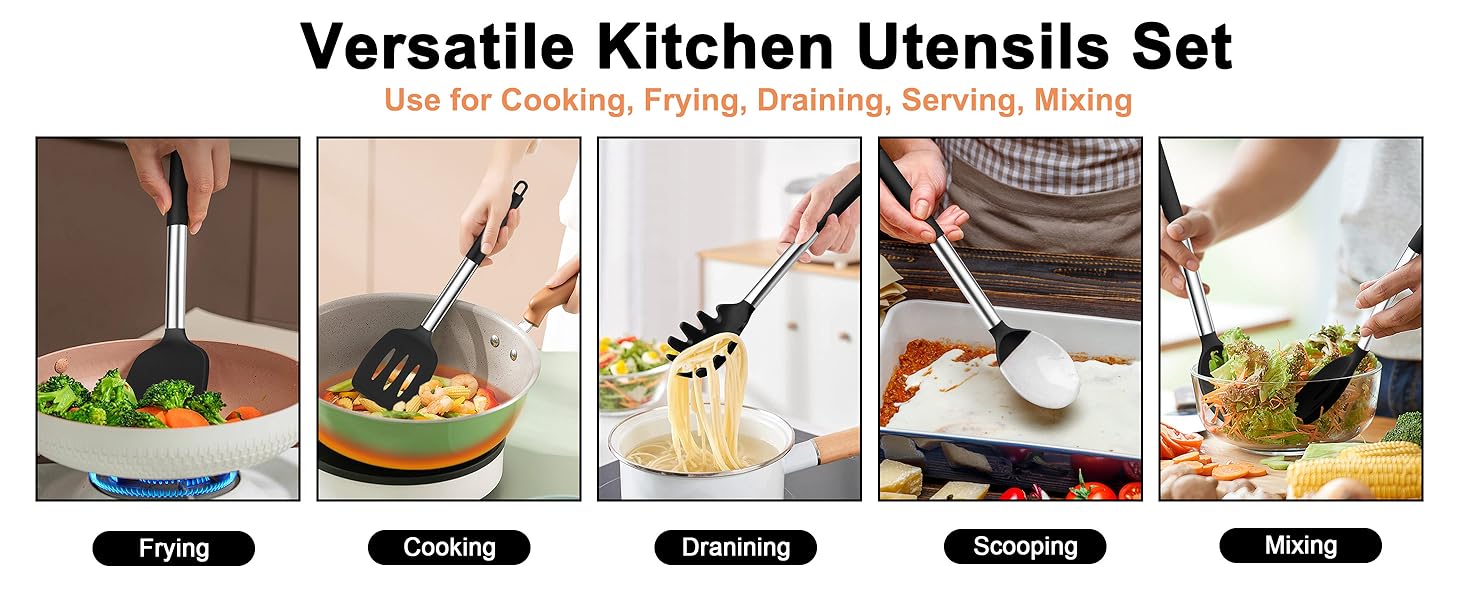 TeamFar Cooking Utensils Set, 5 PCS Silicone Kitchen Utensils with Stainless Steel Handle, for Nonstick Cookware Flipping Frying Turning Draining, Heatproof & Healthy, Nonstick & Easy Clean, Black