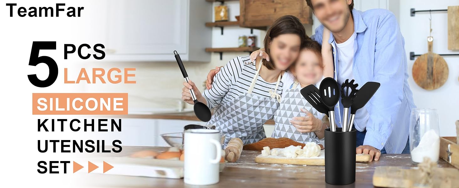 TeamFar Cooking Utensils Set, 5 PCS Silicone Kitchen Utensils with Stainless Steel Handle, for Nonstick Cookware Flipping Frying Turning Draining, Heatproof & Healthy, Nonstick & Easy Clean, Black