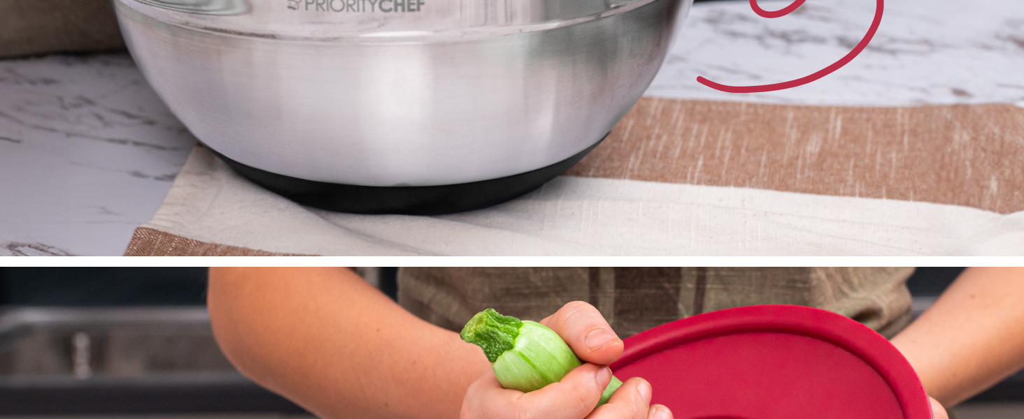 Priority Chef 6Pc Large Mixing Bowls With Lids Set with Non-Slip Bases, Stainless Steel Mixing Bowl Set, 6 Airtight Lids and 3 Graters, Black