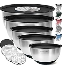 Priority Chef 6Pc Large Mixing Bowls With Lids Set with Non-Slip Bases, Stainless Steel Mixing Bowl Set, 6 Airtight Lids and 3 Graters, Black