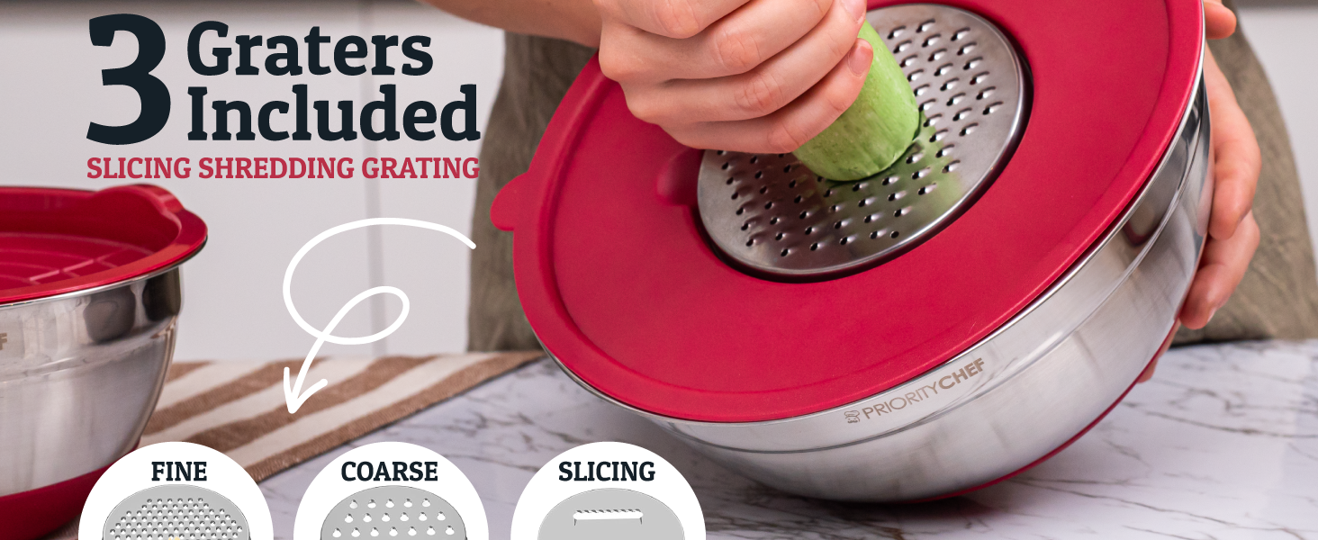 Priority Chef 6Pc Large Mixing Bowls With Lids Set with Non-Slip Bases, Stainless Steel Mixing Bowl Set, 6 Airtight Lids and 3 Graters, Khaki