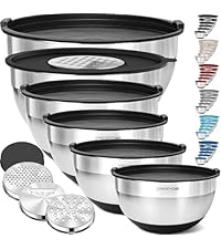 Priority Chef 6Pc Large Mixing Bowls With Lids Set with Non-Slip Bases, Stainless Steel Mixing Bowl Set, 6 Airtight Lids and 3 Graters, Khaki