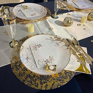 Disposable Gold Placemats Set of 50 Metallic Thin Round 13 Inch Gold Doilies Mesh Pressed Fall Table Placemates 50 Pack Gold Charger Plates for Wedding, Birthday Party