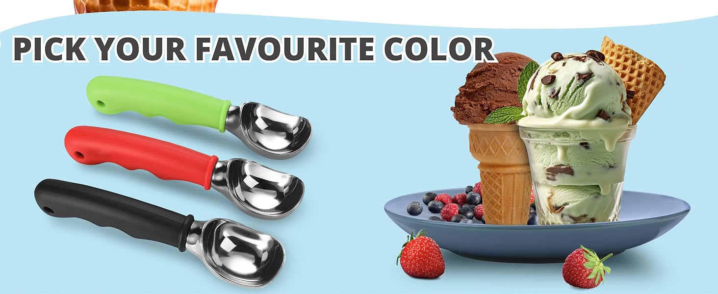 Ice Cream Scoop with Comfortable Soft Grip Handle, Professional Heavy Duty Sturdy Scooper, Premium Metal Kitchen Tool for Cookie Dough, Gelato, Sorbet, Melon (Red)