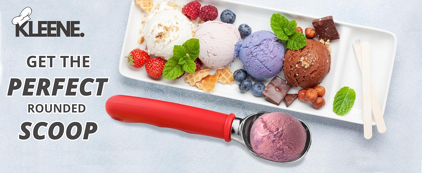 Ice Cream Scoop with Comfortable Soft Grip Handle, Professional Heavy Duty Sturdy Scooper, Premium Metal Kitchen Tool for Cookie Dough, Gelato, Sorbet, Melon (Red)