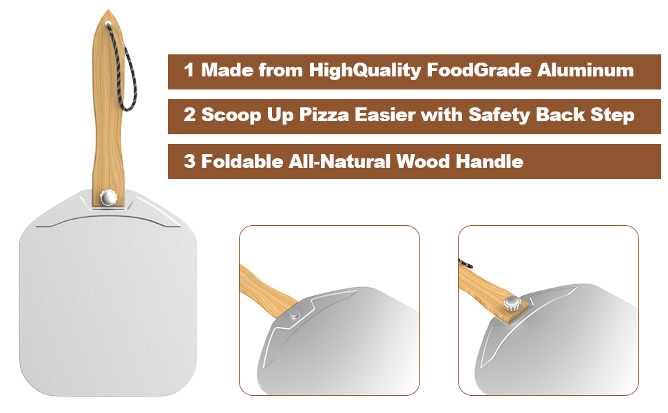 Aluminum Metal Pizza Peel, Pizza Peel 12 inch with Foldable Wood Handle, Pizza Spatula, Pizza Spatula for Oven, with Pizza Cutter, Pizza oven accessories
