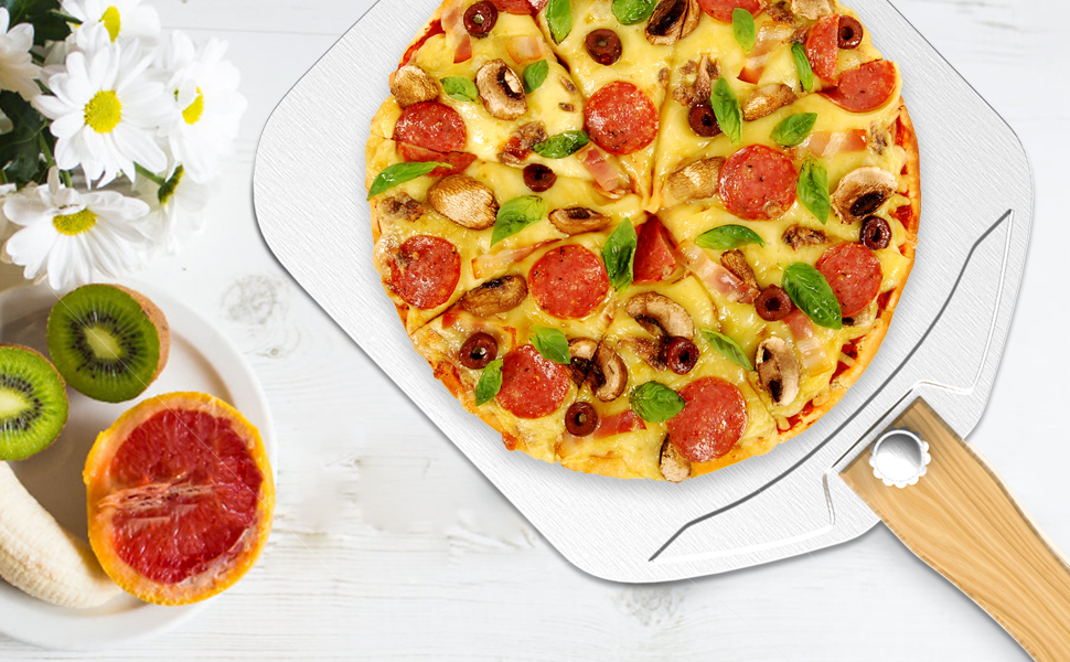 Aluminum Metal Pizza Peel, Pizza Peel 12 inch with Foldable Wood Handle, Pizza Spatula, Pizza Spatula for Oven, with Pizza Cutter, Pizza oven accessories