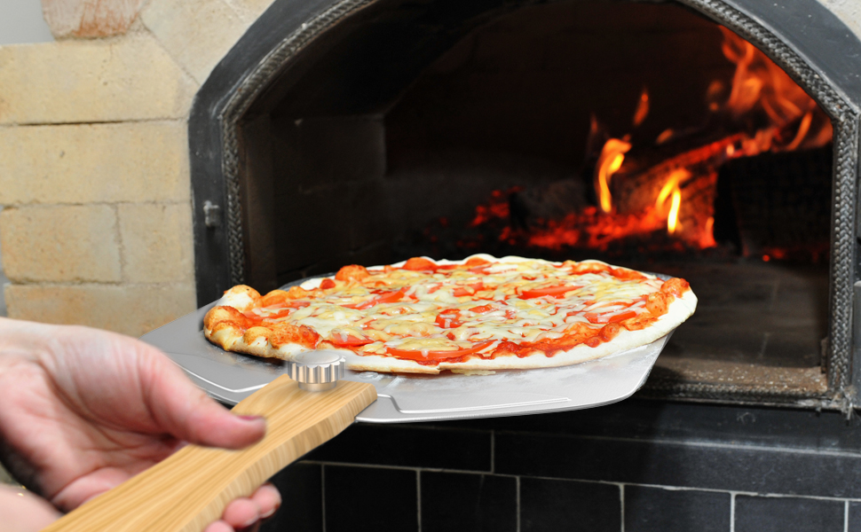 Aluminum Metal Pizza Peel, Pizza Peel 12 inch with Foldable Wood Handle, Pizza Spatula, Pizza Spatula for Oven, with Pizza Cutter, Pizza oven accessories