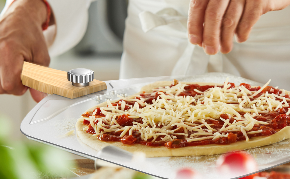 Aluminum Metal Pizza Peel, Pizza Peel 12 inch with Foldable Wood Handle, Pizza Spatula, Pizza Spatula for Oven, with Pizza Cutter, Pizza oven accessories