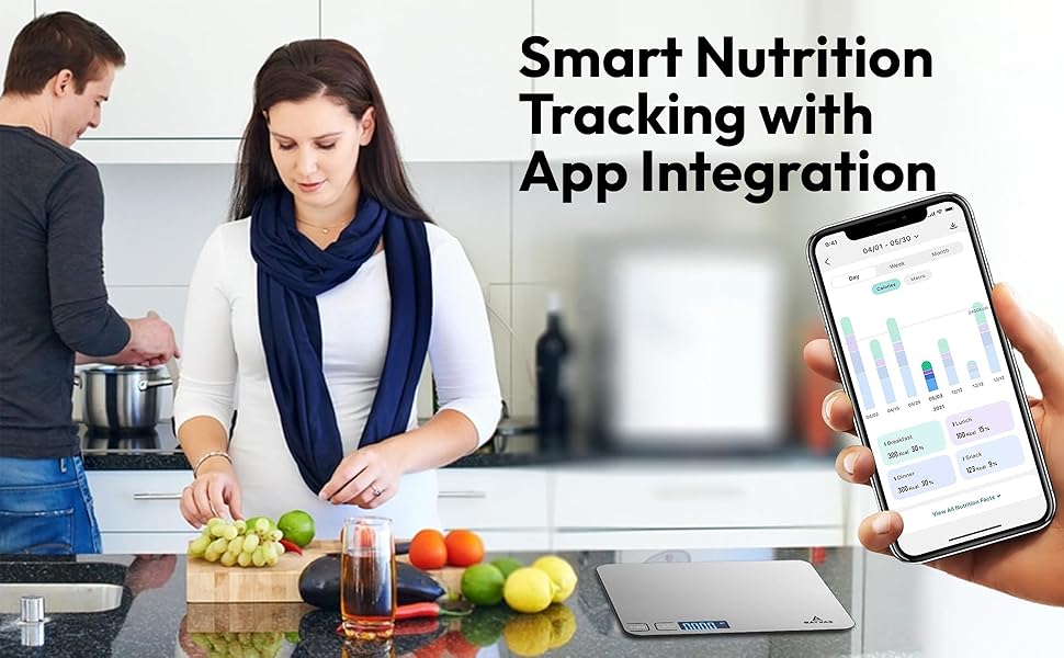 Smart Food Scale with App, Digital Kitchen Scale, Baking Scale, Calorie Scale, Nutritional Calculator, 1g/33lb Capacity, Stainless Steel, Grams/Ounces, LCD Display