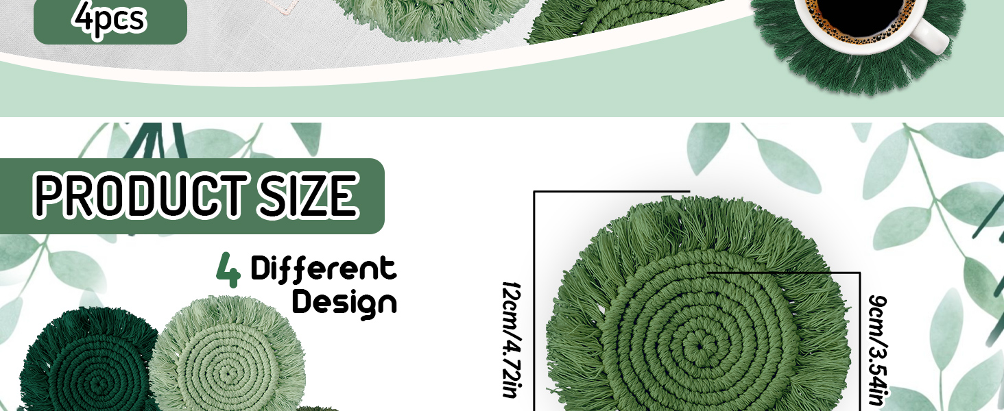 Whaline 4Pcs Boho Macrame Coasters Green Handmade Woven Drink Coasters Farmhouse Rustic Cup Mat Pad for Home Kitchen Office Table Desk Housewarming Gift Party Table Decor
