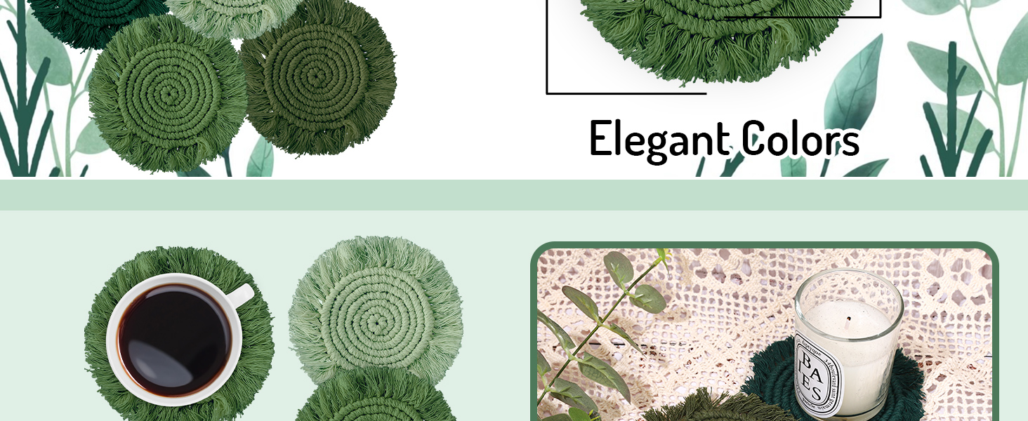 Whaline 4Pcs Boho Macrame Coasters Green Handmade Woven Drink Coasters Farmhouse Rustic Cup Mat Pad for Home Kitchen Office Table Desk Housewarming Gift Party Table Decor