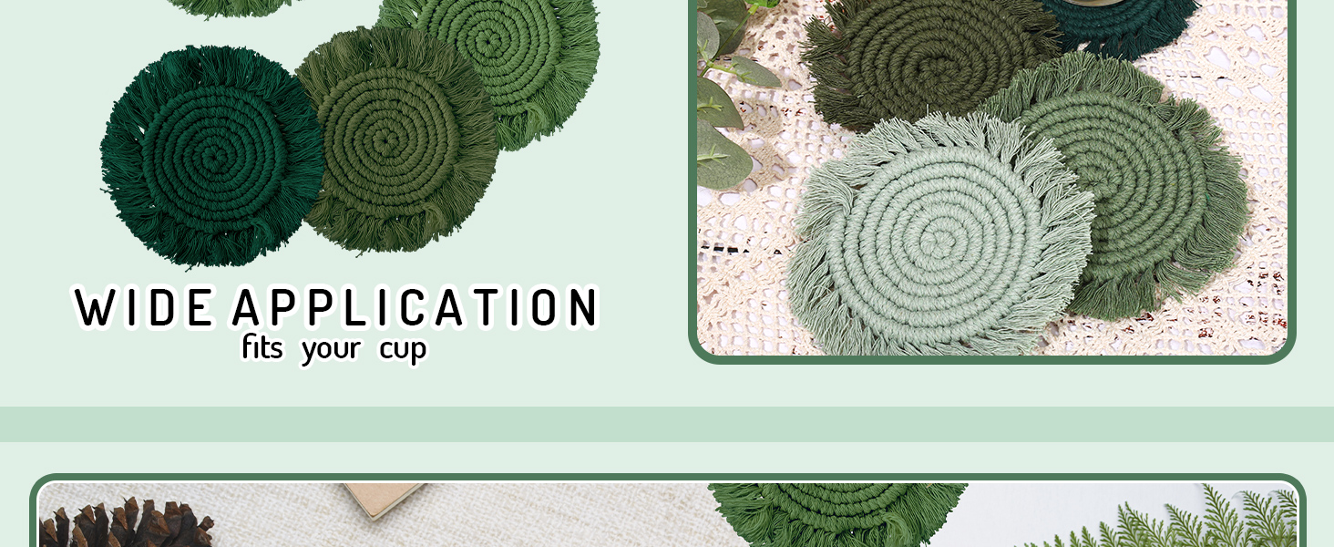 Whaline 4Pcs Boho Macrame Coasters Green Handmade Woven Drink Coasters Farmhouse Rustic Cup Mat Pad for Home Kitchen Office Table Desk Housewarming Gift Party Table Decor