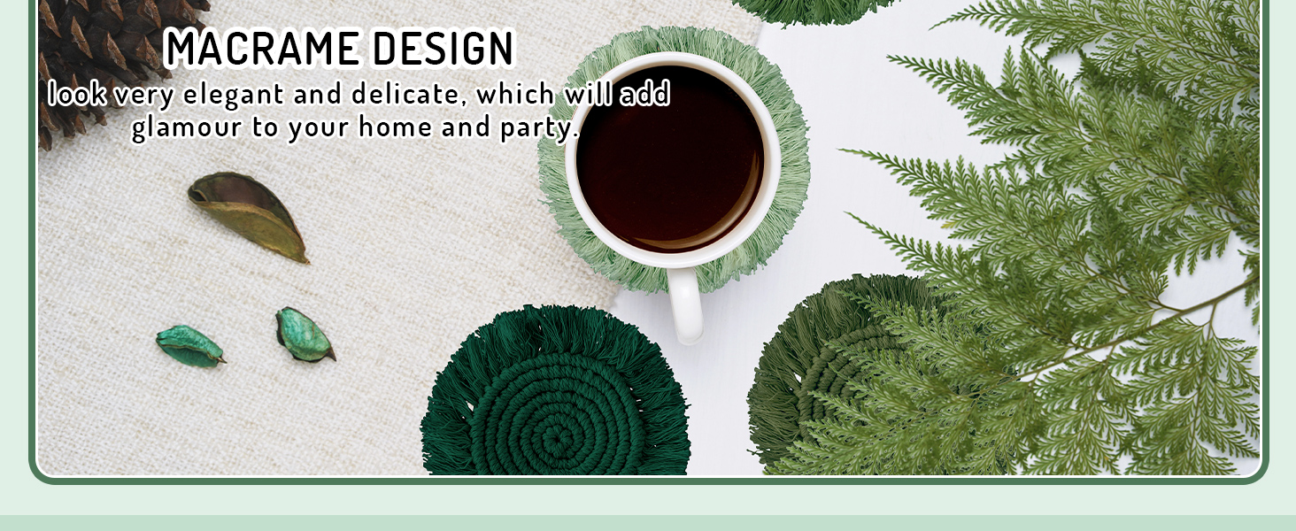 Whaline 4Pcs Boho Macrame Coasters Green Handmade Woven Drink Coasters Farmhouse Rustic Cup Mat Pad for Home Kitchen Office Table Desk Housewarming Gift Party Table Decor