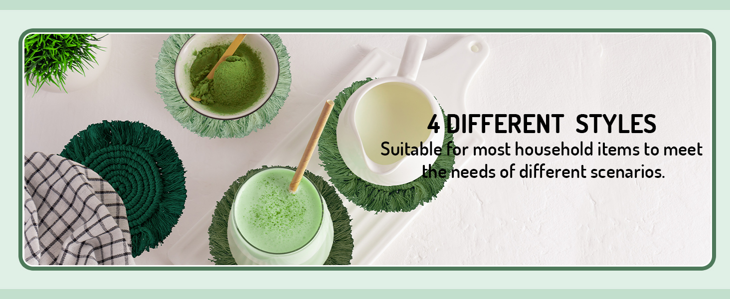 Whaline 4Pcs Boho Macrame Coasters Green Handmade Woven Drink Coasters Farmhouse Rustic Cup Mat Pad for Home Kitchen Office Table Desk Housewarming Gift Party Table Decor