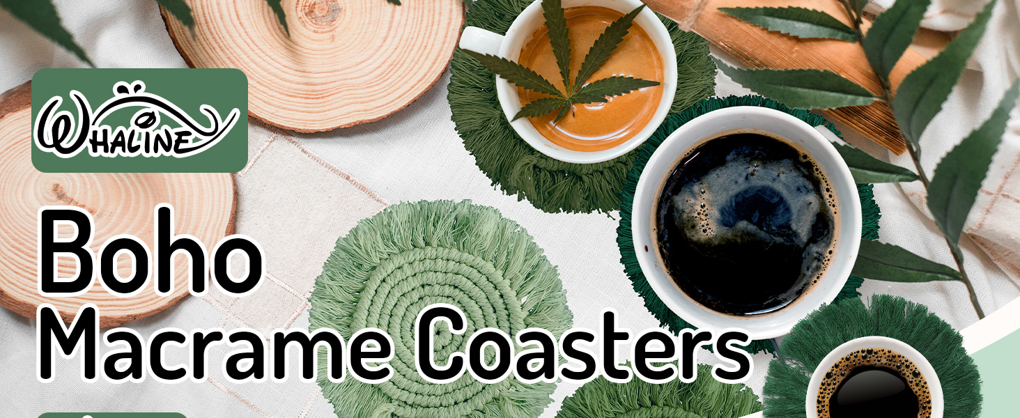 Whaline 4Pcs Boho Macrame Coasters Green Handmade Woven Drink Coasters Farmhouse Rustic Cup Mat Pad for Home Kitchen Office Table Desk Housewarming Gift Party Table Decor