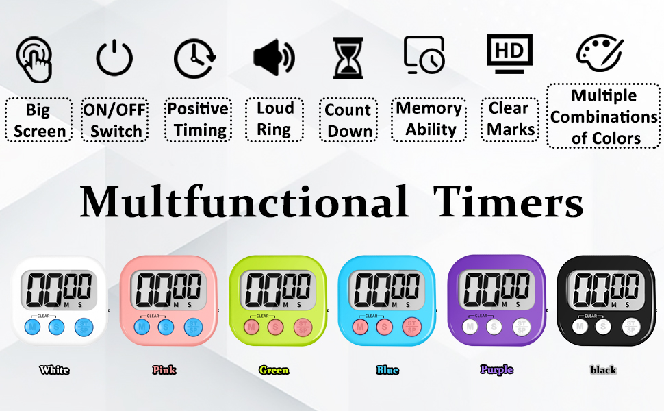 ZILLEEN Kitchen Timer Digital with Magnetic Back for Kids Classroom, White 6 Pack