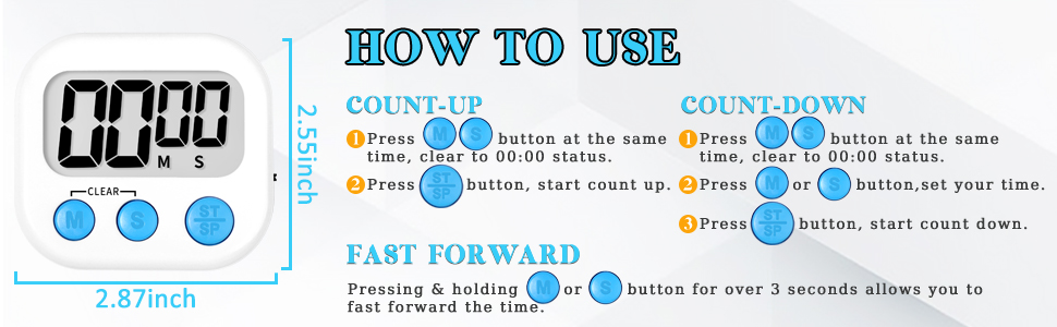 ZILLEEN Kitchen Timer Digital with Magnetic Back for Kids Classroom, White 6 Pack