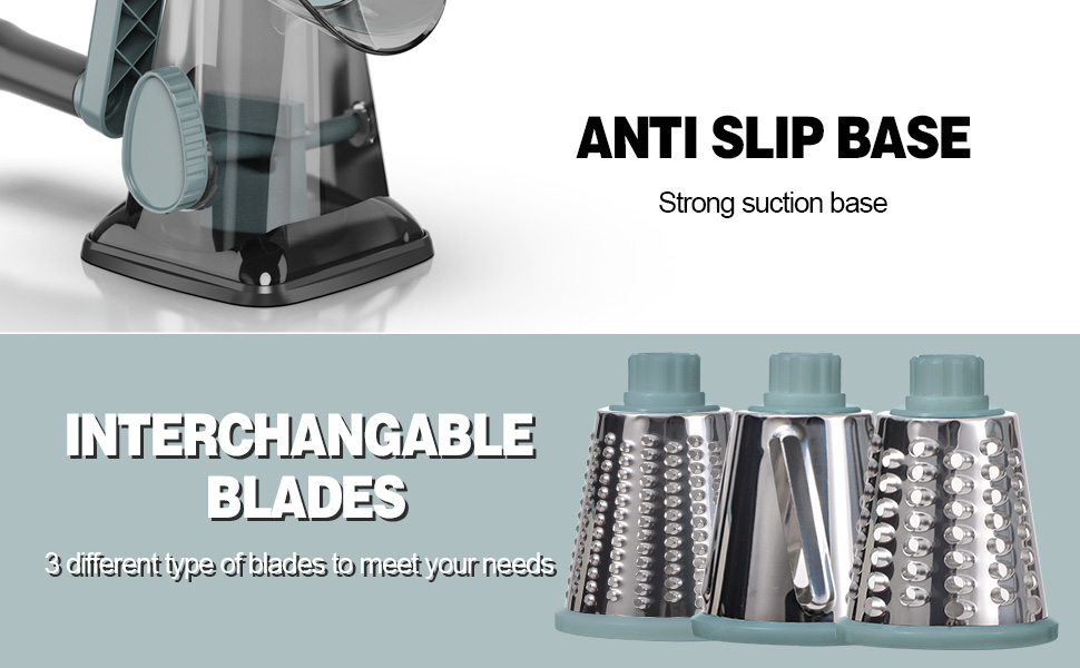 Cheese Grater Cheese Shredder with 3 Interchangeable Blades, Rotary Cheese Grater Manual Vegetable Slicer with Non-slip Suction Base Peanut Nuts Grinder Vegetable Shredder Clear
